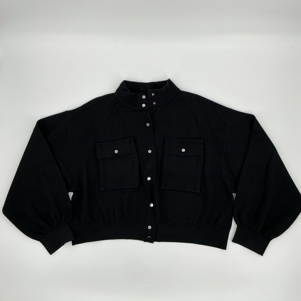 Marled Black Button-Up Cropped Bomber Jacket Size:XL